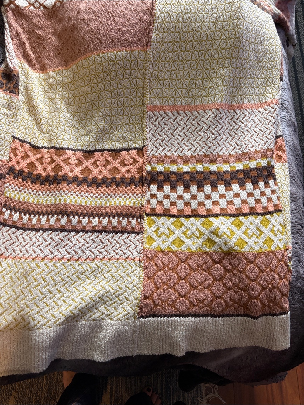 Black Tape_ Multicolor Patchwork Knit Cardigan in Cream, Brown & Yellow - Picture 9 of 11